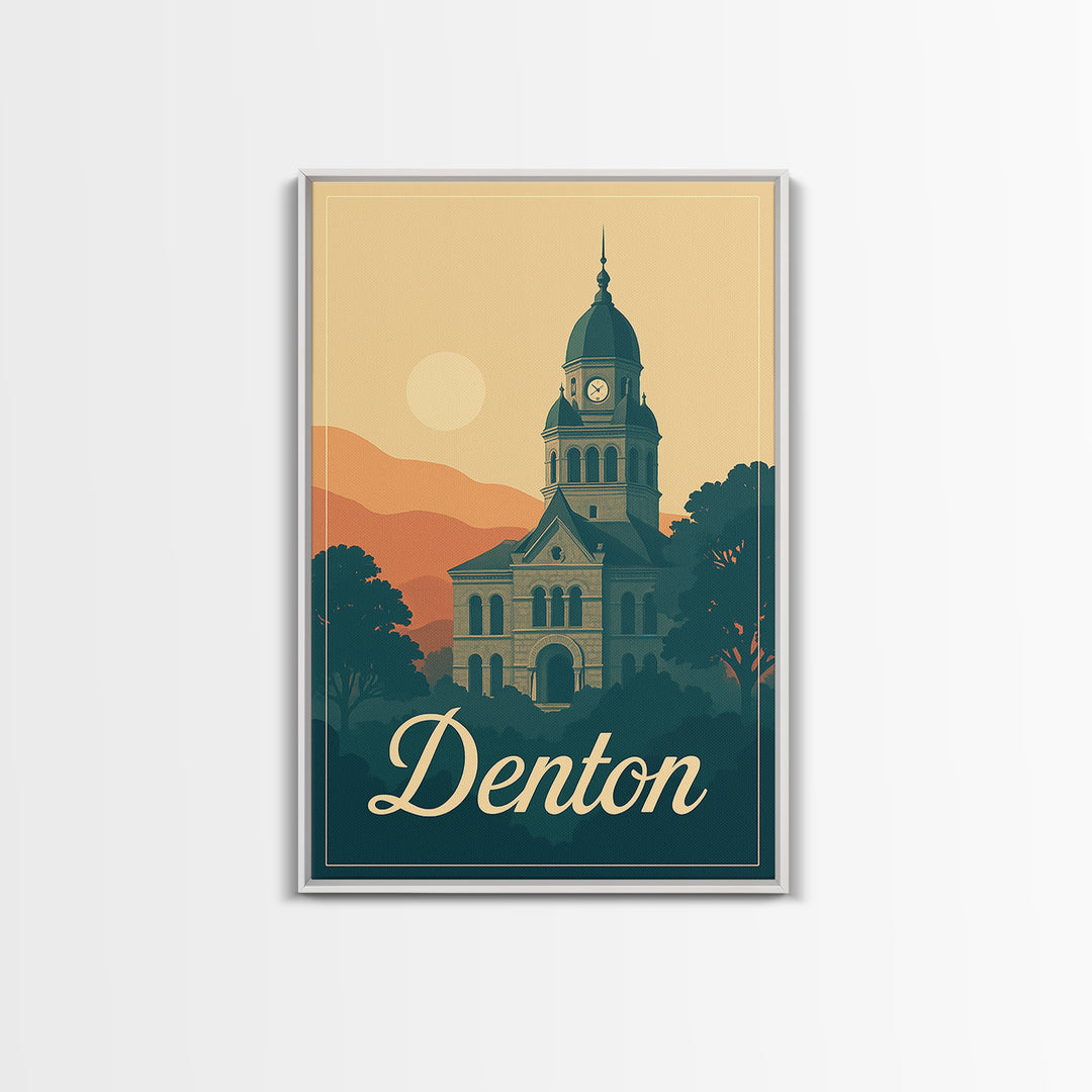Denton Texas Travel Poster, Canvas Print, Retro Sunset Skyline Art, Denton Travel Art, Travel Poster Set, Wanderlust Decor, City Poster