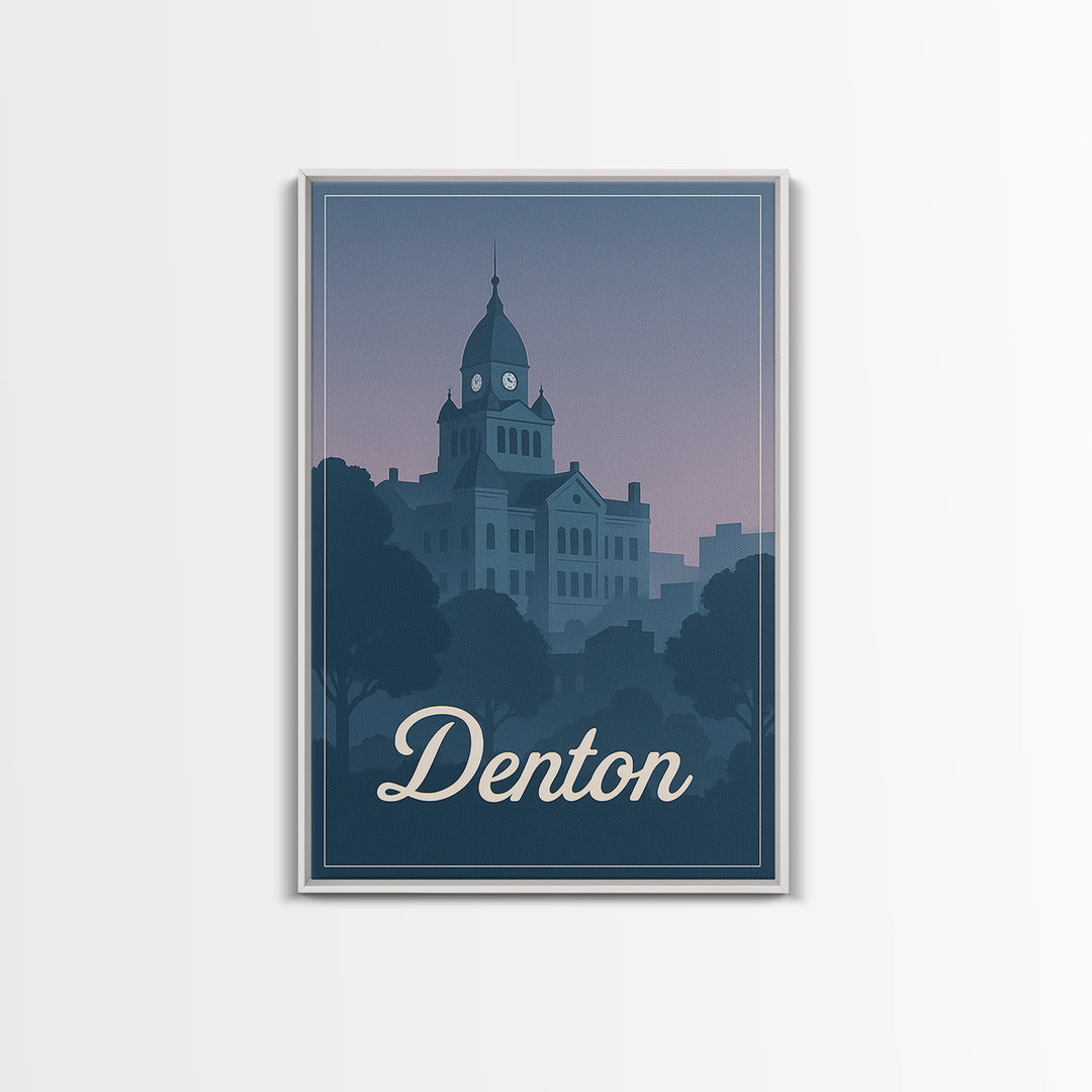 Denton Travel Poster, Framed Canvas Print, Retro Sunset Skyline Art, Denton Poster Print, Vintage Travel Art, City Travel Prints