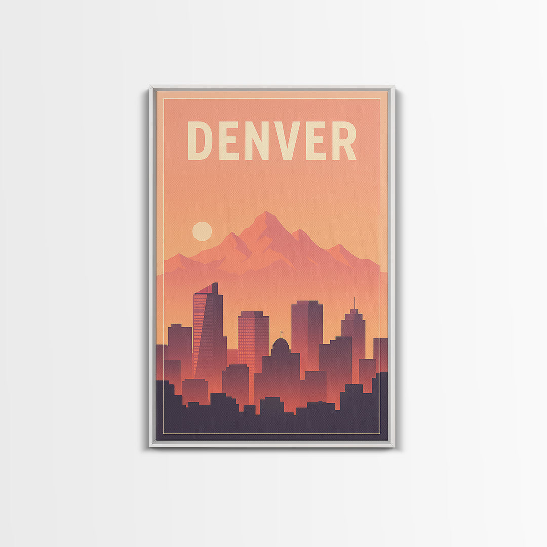 Denver Travel Poster, Framed Canvas Print, Retro Sunset Skyline Art, Denver Poster Print, Travel Poster Set, Travel Art Print, Wall Art
