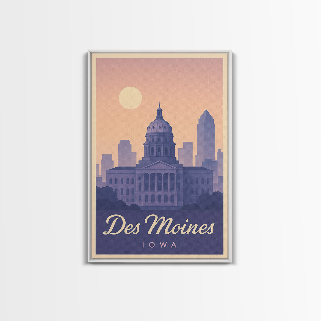 Des Moines Travel Poster, Framed Canvas Print, Retro Sunset Skyline Art, Des Moines Art Print, Vintage Travel Art, City Art Print