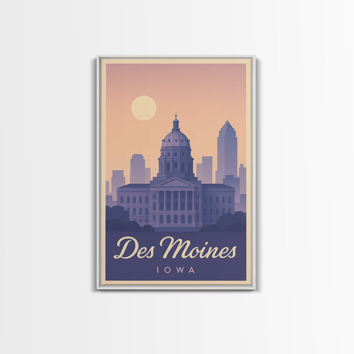 Des Moines Travel Poster, Framed Canvas Print, Retro Sunset Skyline Art, Des Moines Art Print, Vintage Travel Art, City Art Print