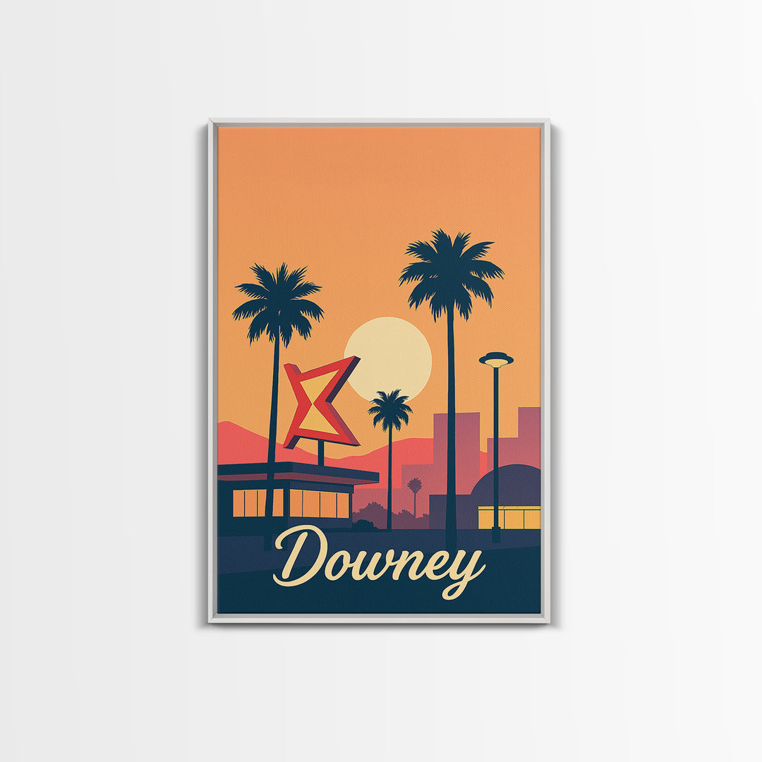 Downey California Travel Poster, Canvas Print, Retro Sunset Skyline Art, Downey City Art, Wanderlust Decor, Living Room Wall Art, Wall Art