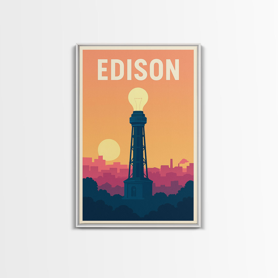 Edison Travel Poster, Framed Canvas Print, Mid Century City Wall Art, Edison Travel Art, Mid Century Wall Art, Watercolor Skyline