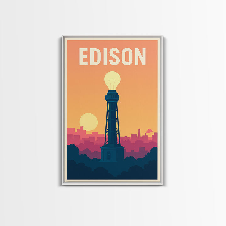 Edison Travel Poster, Framed Canvas Print, Mid Century City Wall Art, Edison Travel Art, Mid Century Wall Art, Watercolor Skyline
