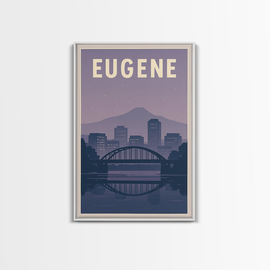 Eugene Oregon Travel Poster, Canvas Print, Retro Sunset Skyline Art, Eugene Travel Art, City Illustration, Living Room Wall Art, City Poster