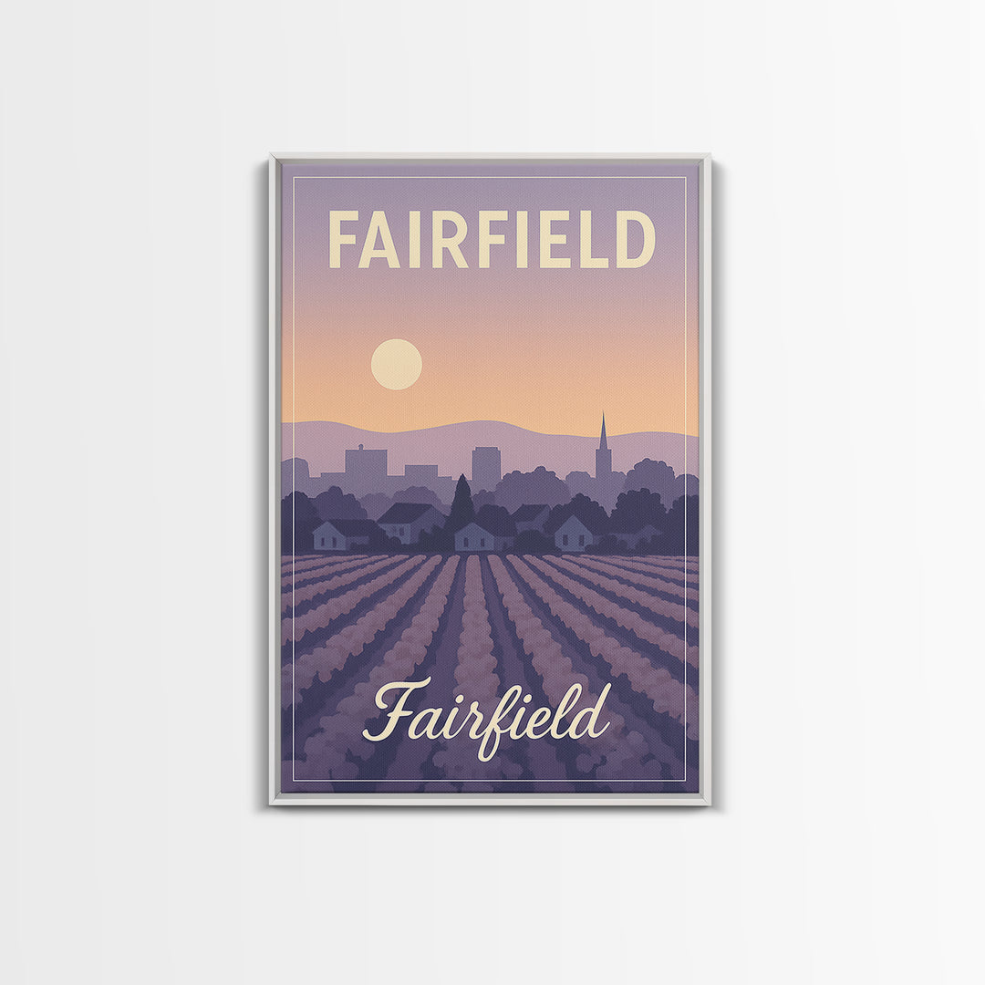 Fairfield Travel Poster, Canvas Print, Retro Sunset Skyline Art, Fairfield Poster Print, Travel Wall Decor, Home Office Decor, Design 2