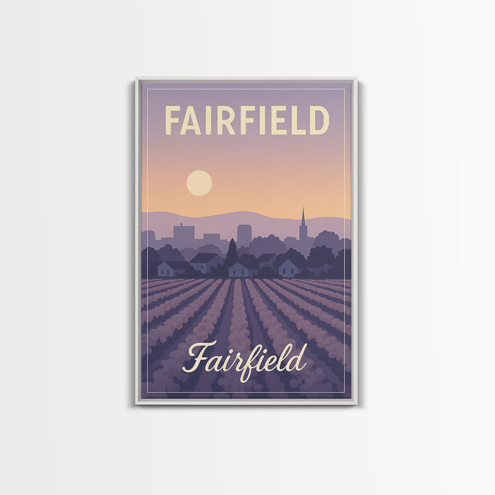 Fairfield Travel Poster, Canvas Print, Retro Sunset Skyline Art, Fairfield Poster Print, Travel Wall Decor, Home Office Decor, Design 2