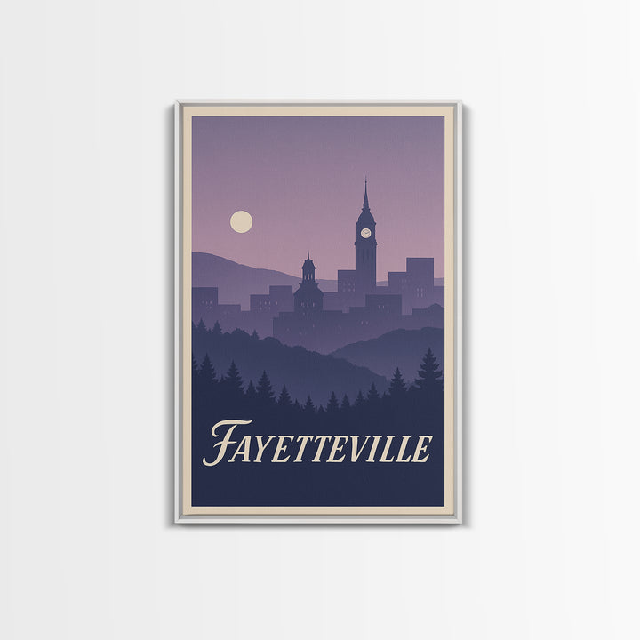 Fayetteville Travel Poster, Framed Canvas Print, Mid Century City Wall Art, Fayetteville Poster Print, Wanderlust Decor, Retro Travel Print