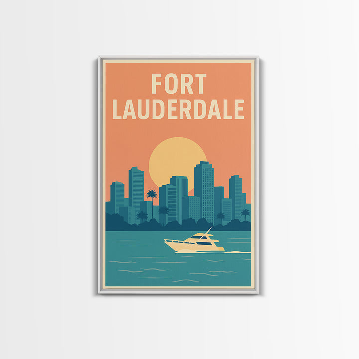 Fort Lauderdale Travel Poster, Framed Canvas Print, Retro Sunset Skyline Art, Fort Lauderdale Wall Art, Vintage Travel Print, Design 2
