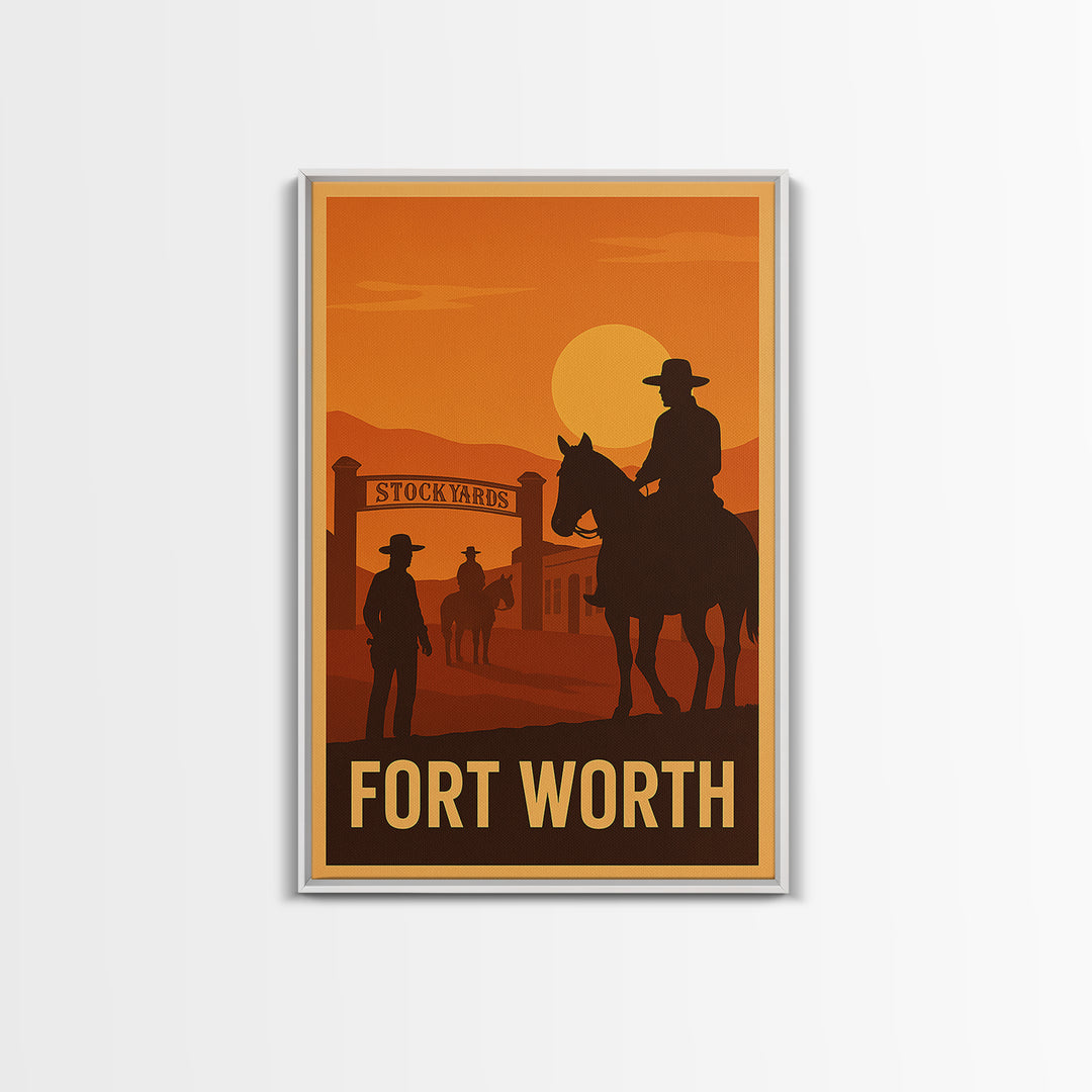 Fort Worth Travel Poster, Framed Canvas Print, Retro Sunset Skyline Art, Fort Worth Poster Print, Living Room Wall Art, Modern Wall Decor