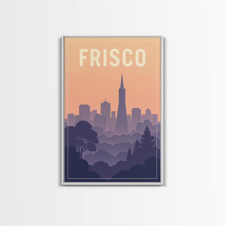 Frisco Texas Travel Poster, Canvas Print, Mid Century City Wall Art, Frisco Wall Art, Wanderlust Decor, Watercolor Downtown Skyline