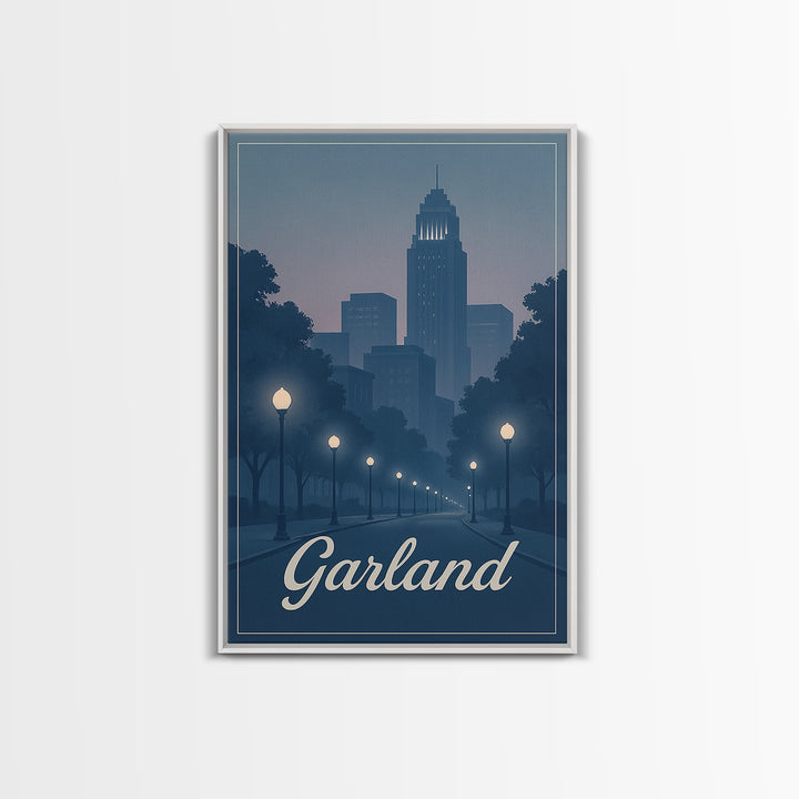 Garland Travel Poster, Canvas Print, Retro Sunset Skyline Art, Garland Poster Print, Wanderlust Decor, Fine Art Print, Modern Wall Decor