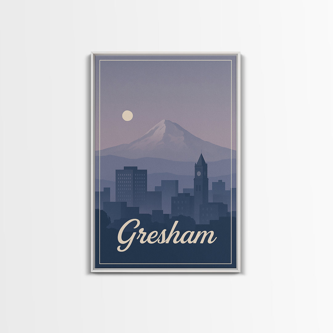 Gresham Travel Poster, Framed Canvas Print, Retro Sunset Skyline Art, Gresham Art Print, Travel Wall Art, Eclectic Wall Decor, Design 2