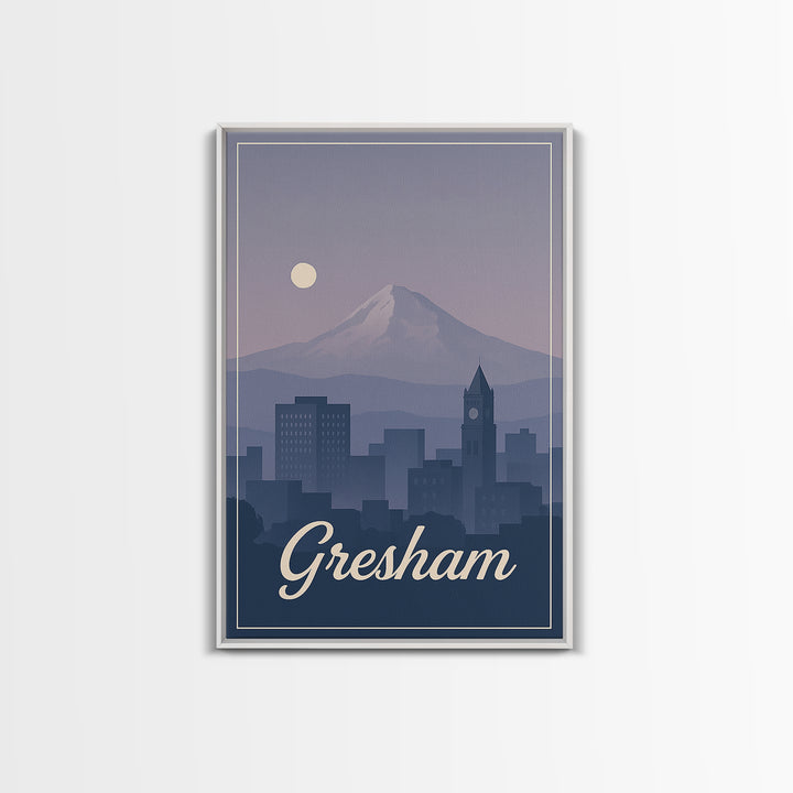 Gresham Travel Poster, Framed Canvas Print, Retro Sunset Skyline Art, Gresham Art Print, Travel Wall Art, Eclectic Wall Decor, Design 2