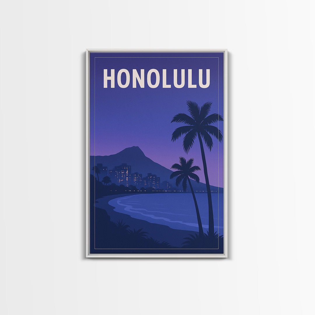 Honolulu Hawaii Travel Poster, Canvas Print, Retro Sunset Skyline Art, Honolulu Wall Art, Mid Century Wall Art, Living Room Wall Art