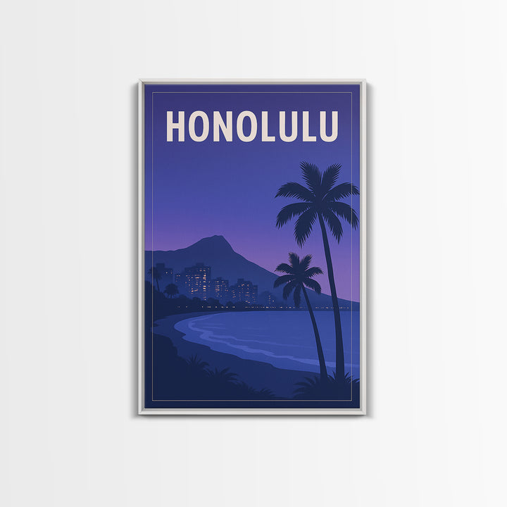 Honolulu Hawaii Travel Poster, Canvas Print, Retro Sunset Skyline Art, Honolulu Wall Art, Mid Century Wall Art, Living Room Wall Art
