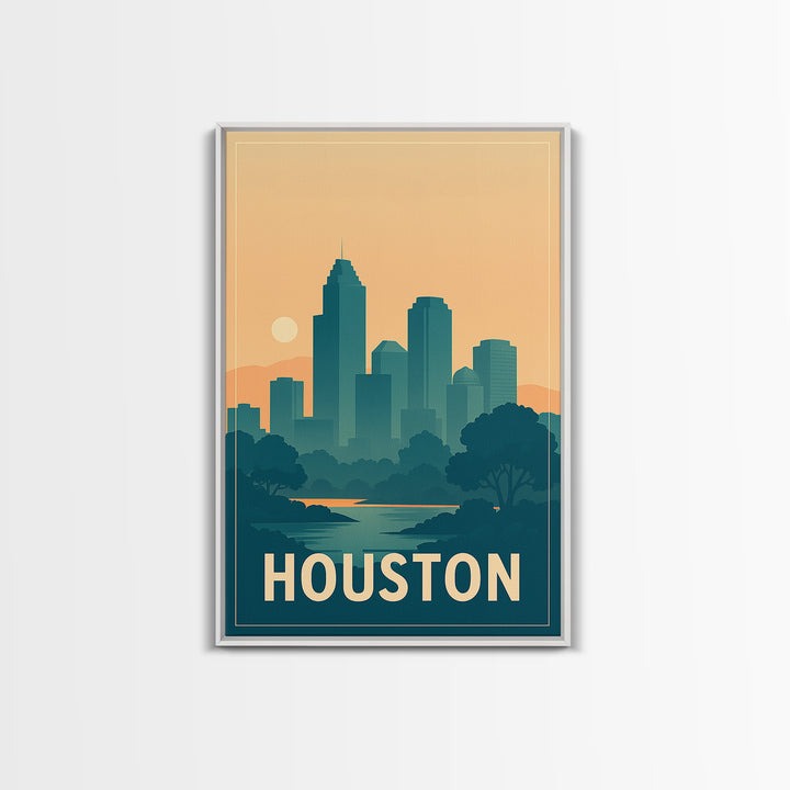 Houston Travel Poster, Framed Canvas Print, Retro Sunset Skyline Art, Houston Travel Art, Modern Wall Decor, Living Room Wall Art