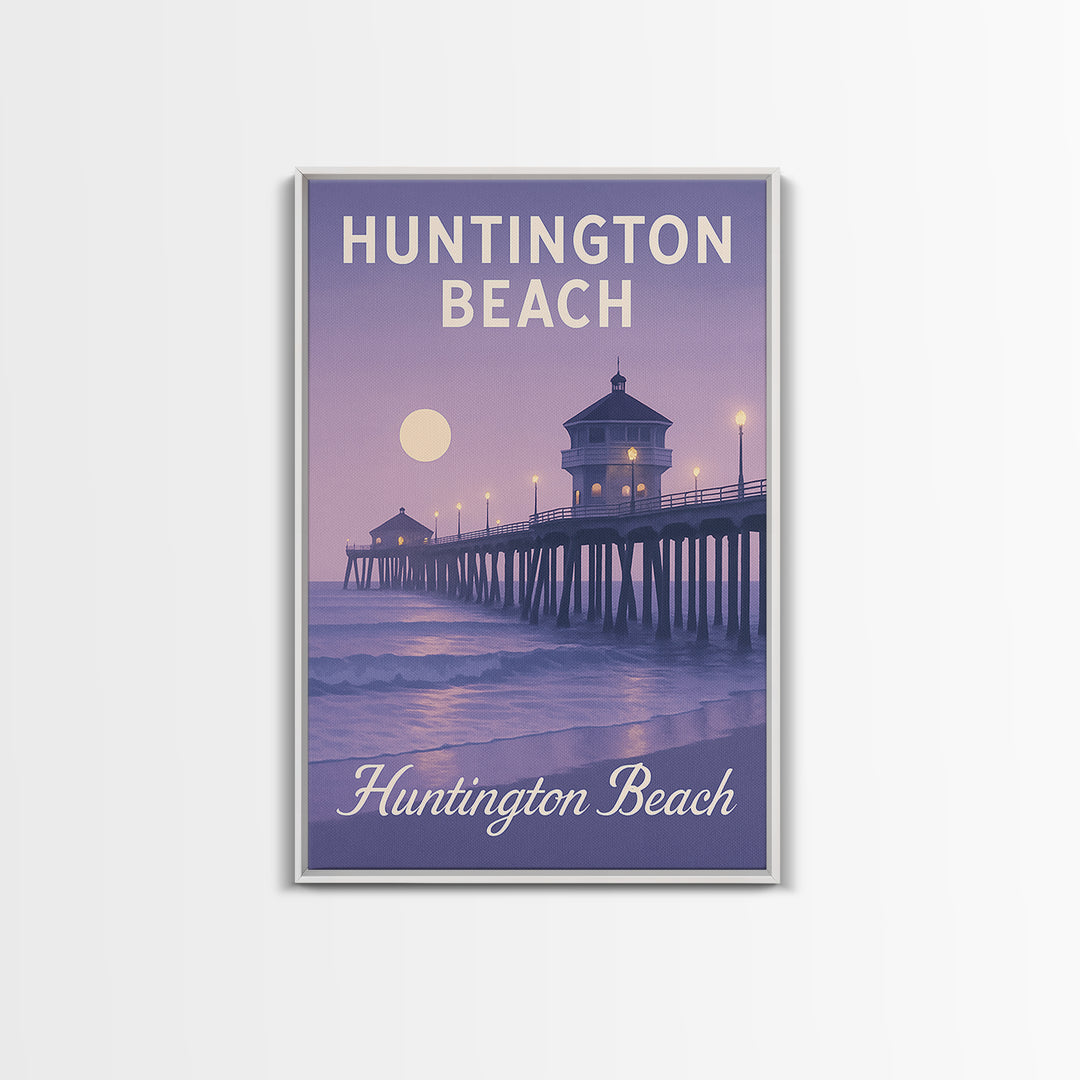 Huntington Beach Travel Poster, Framed Canvas Print, Classic Travel Poster Art, Huntington Beach Travel Art, Travel Wall Art, Design 2