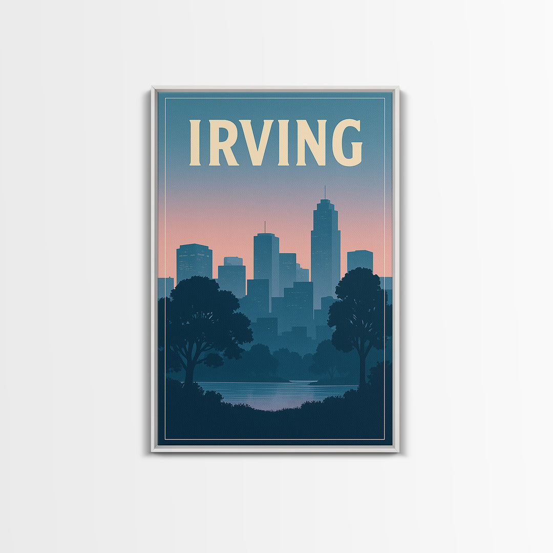 Irving Texas Travel Poster, Canvas Print, Retro Sunset Skyline Art, Irving Poster Print, Wall Decor, Mid Century Wall Art, Art Print