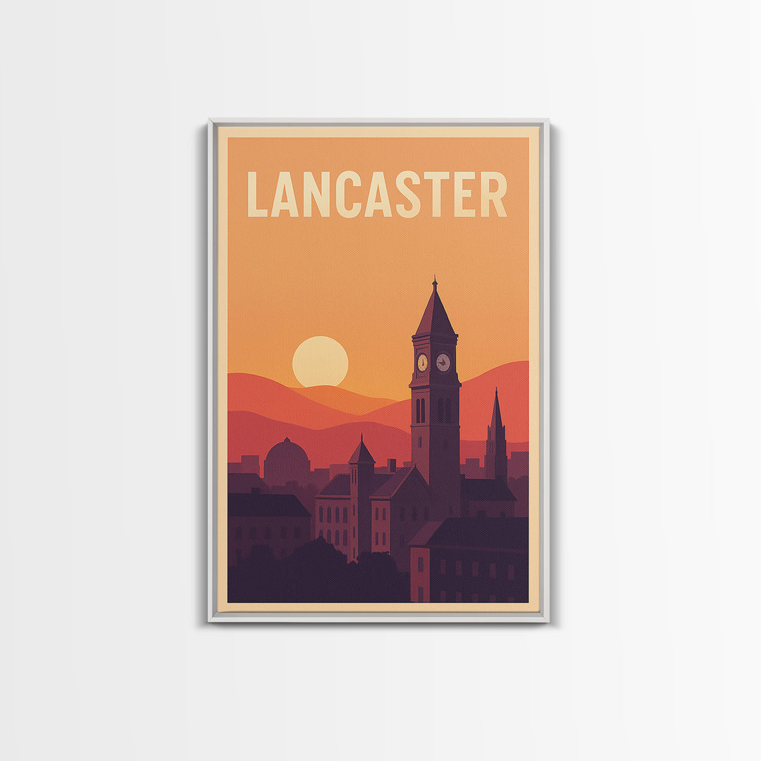 Lancaster Travel Poster, Framed Canvas Print, Vintage Travel Poster Art, Lancaster Poster Print, Mid Century Wall Art, City Illustration