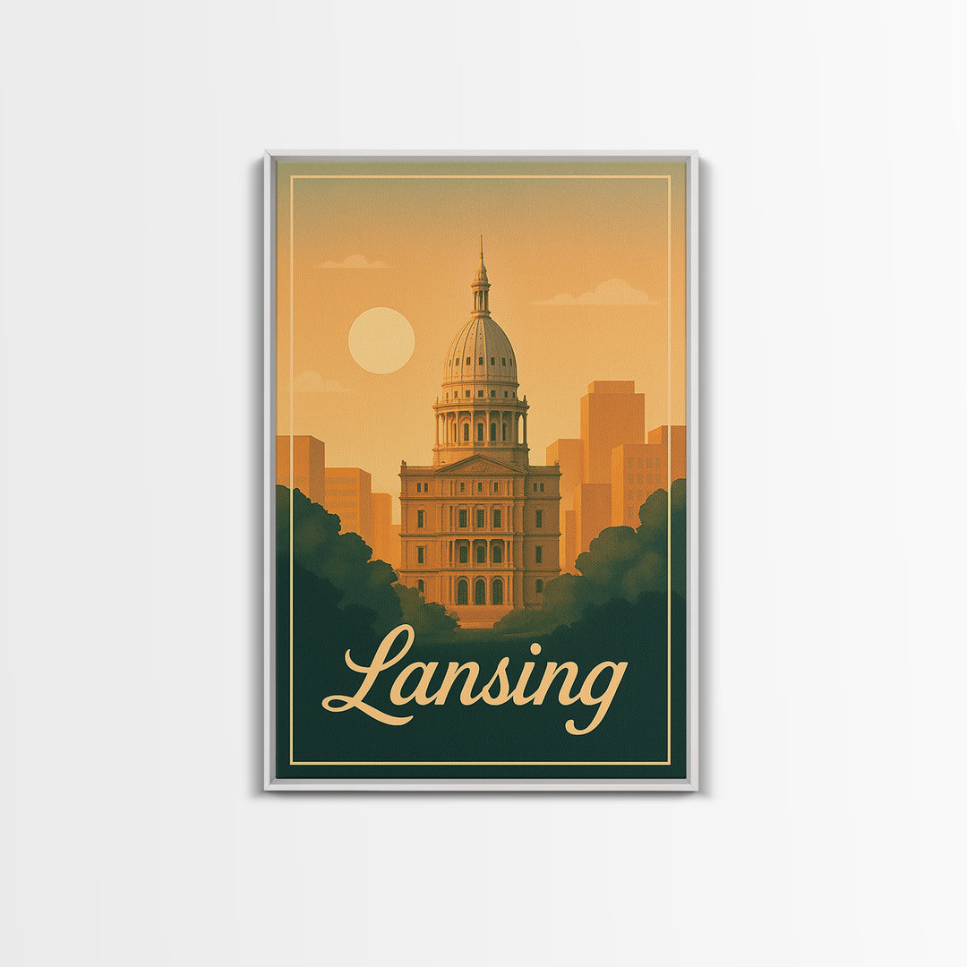 Lansing Michigan Travel Poster, Canvas Print, Classic Poster Art, Lansing City Art, City Illustration, Office Decor, Mid Century Wall Art