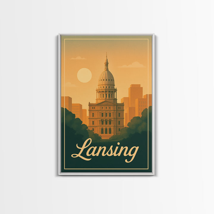 Lansing Michigan Travel Poster, Canvas Print, Classic Poster Art, Lansing City Art, City Illustration, Office Decor, Mid Century Wall Art