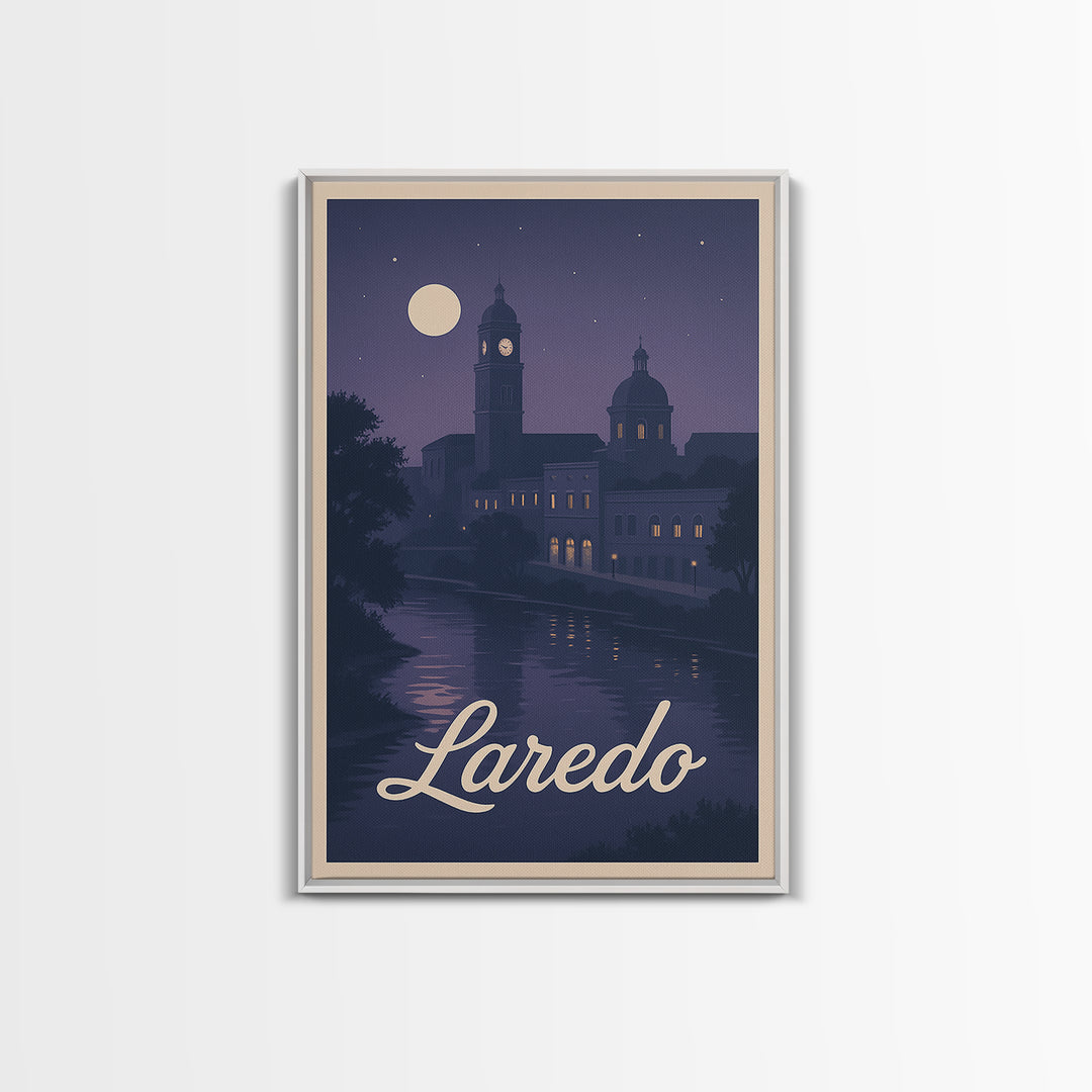 Laredo Travel Poster, Framed Canvas Print, Classic Travel Poster Art, Laredo Wall Art, Travel Wall Decor, Watercolor City Skyline