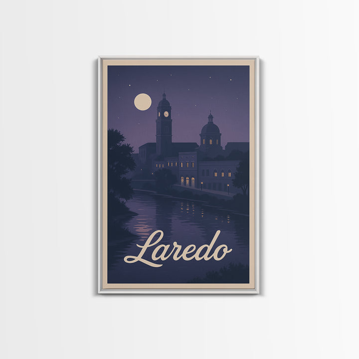 Laredo Travel Poster, Framed Canvas Print, Classic Travel Poster Art, Laredo Wall Art, Travel Wall Decor, Watercolor City Skyline