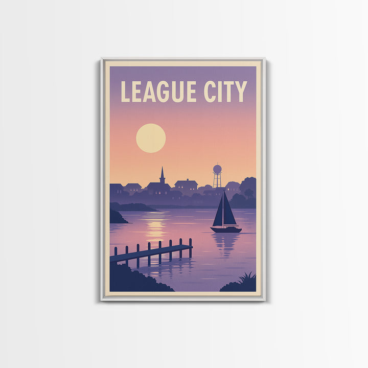 League City Texas Travel Poster, Framed Canvas Print, Retro Sunset Skyline Art, League City Travel Art, Travel Wall Decor, Travel Wall Art