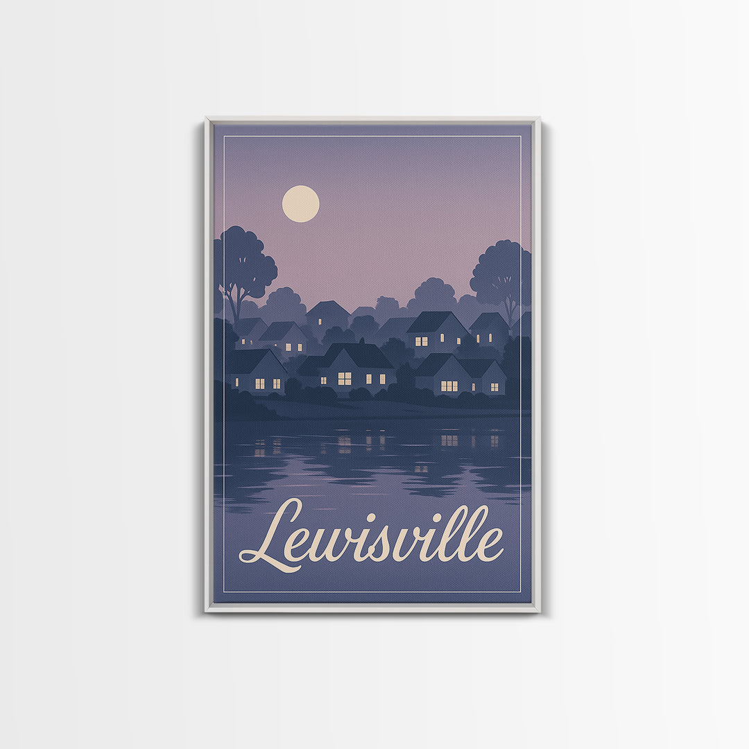 Lewisville Travel Poster, Framed Canvas Print, Retro Sunset Skyline Art, Lewisville Wall Art, Home Office Decor, Wanderlust Decor