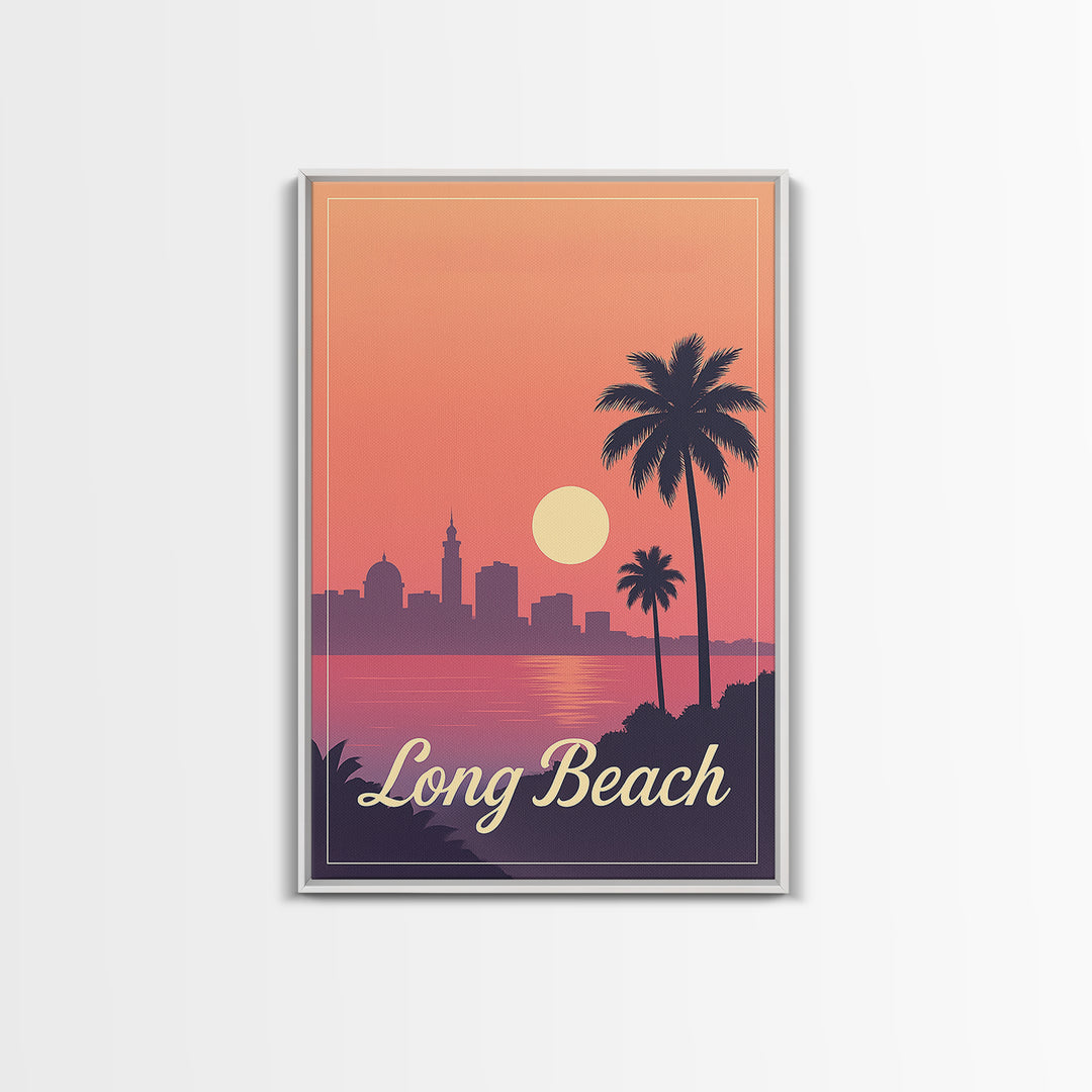 Long Beach California Travel Poster, Canvas Print, Retro Sunset Skyline Art, Long Beach Art Print, Vintage Travel Art, City Travel Prints