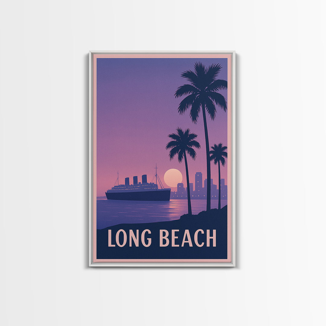 Long Beach Travel Poster, Framed Canvas Print, Mid Century City Wall Art, Long Beach Wall Art, City Art Print, Wanderlust Decor