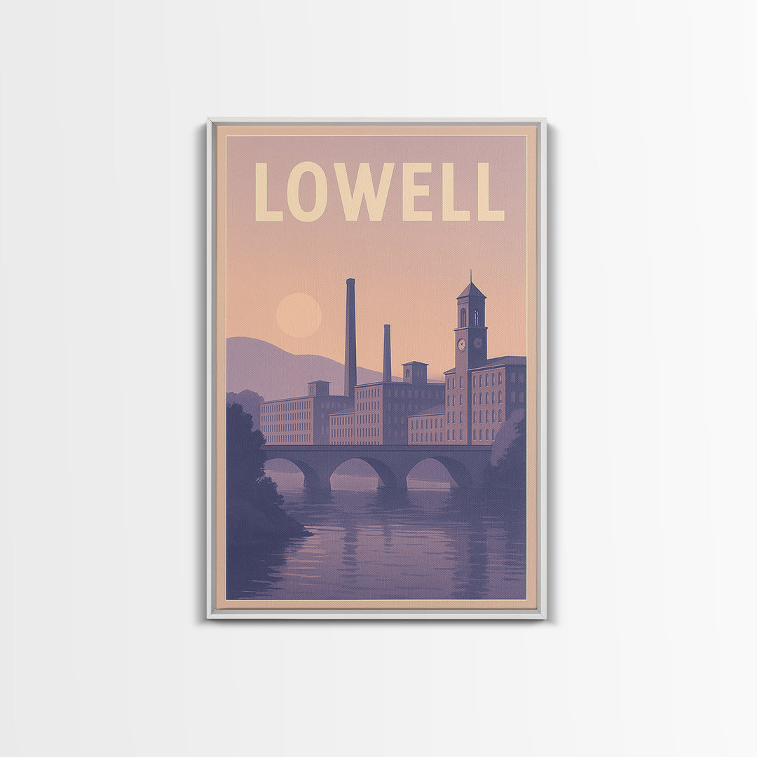 Lowell Massachusetts Travel Poster, Canvas Print, Retro Sunset Skyline Art, Lowell Travel Art, Poster Art, Fine Art Print, Travel Wall Art