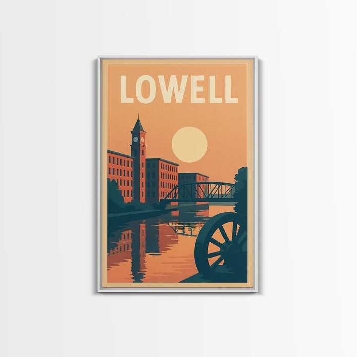 Lowell Travel Poster, Canvas Print, Retro Sunset Skyline Art, Lowell Art Print, Gift For Travelers, Mid Century Wall Art, Travel Art Print