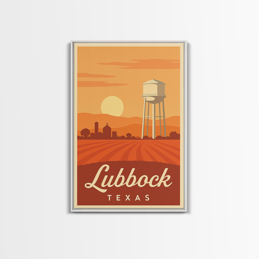 Lubbock Texas Travel Poster, Framed Canvas Print, Retro Sunset Skyline Art, Lubbock Poster Print, Wanderlust Decor, Travel Poster Set