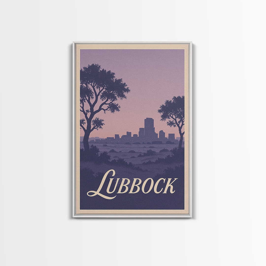 Lubbock Travel Poster, Framed Canvas Print, Retro Sunset Skyline Art, Lubbock Wall Art, Wanderlust Decor, Modern Wall Decor, Art Print