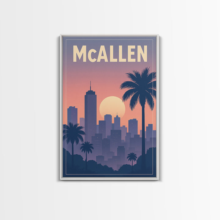 Mcallen Texas Travel Poster, Framed Canvas Print, Retro Sunset Skyline Art, Mcallen Wall Art, Eclectic Wall Decor, City Travel Prints