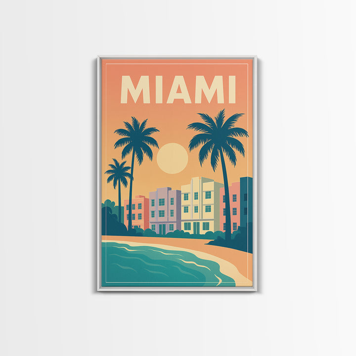 Miami Travel Poster, Framed Canvas Print, Vintage Travel Poster Art, Miami Poster Print, City Art Print, Living Room Wall Art, Design 2