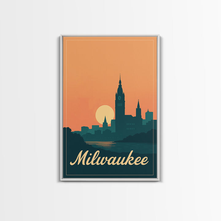 Milwaukee Wisconsin Travel Poster, Framed Canvas Print, Retro Sunset Skyline Art, Milwaukee Wall Art, Modern Wall Decor, City Travel Prints