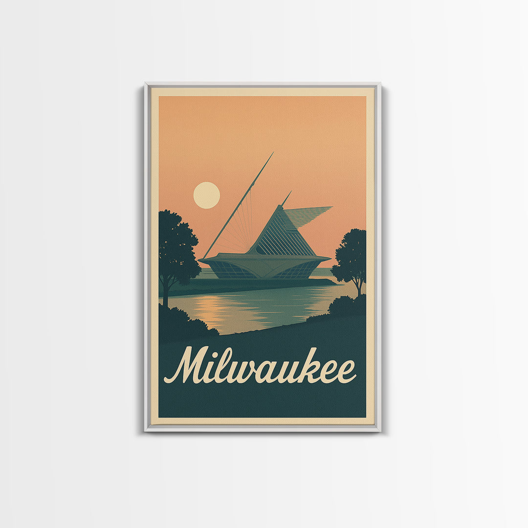 Milwaukee Travel Poster, Framed Canvas Print, Classic Travel Poster Art, Milwaukee Art Print, Watercolor Skyline, Retro Travel Print