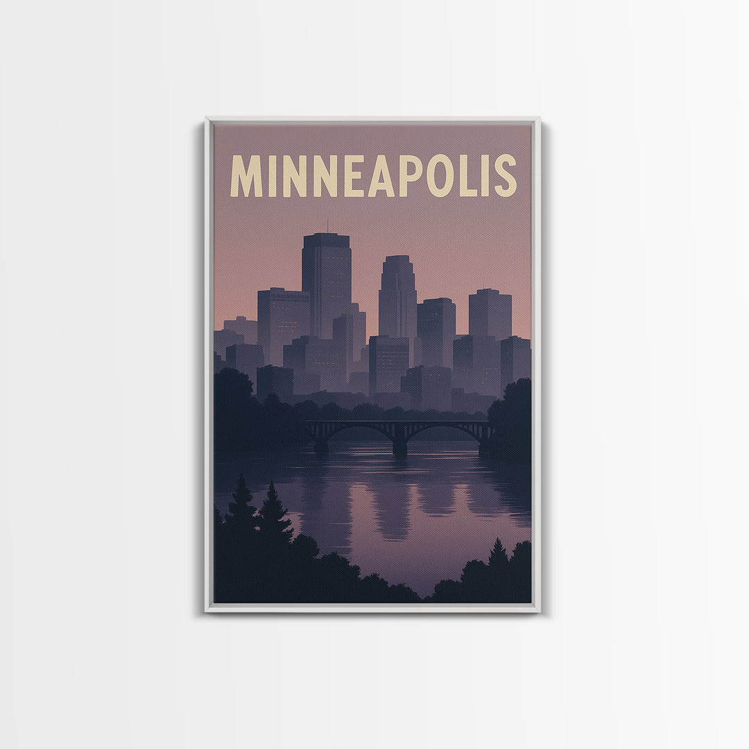Minneapolis Travel Poster, Framed Canvas Print, Retro Sunset Skyline Art, Minneapolis Travel Art, Vintage Travel Print, City Art Print