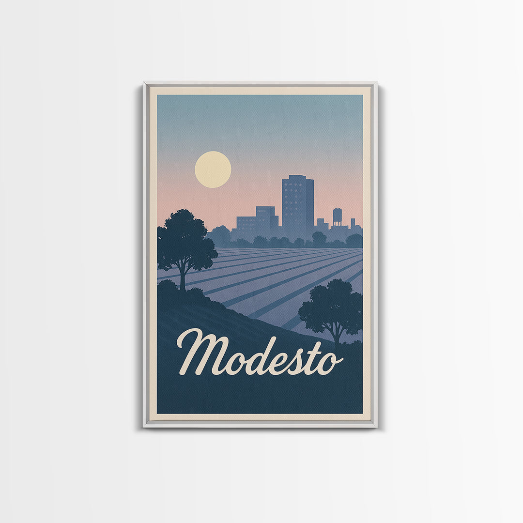 Modesto Travel Poster, Canvas Print, Mid Century City Wall Art, Modesto City Art, Modern Wall Decor, City Illustration, City Art Print