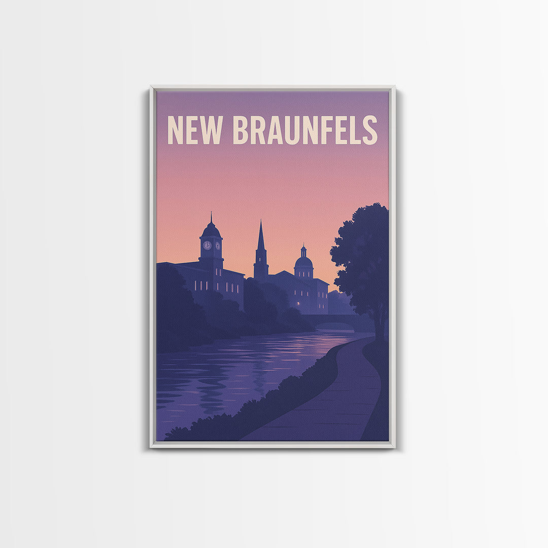 New Braunfels Travel Poster, Framed Canvas Print, Retro Sunset Skyline Art, New Braunfels City Art, Vintage Travel Print, Vintage Travel Art