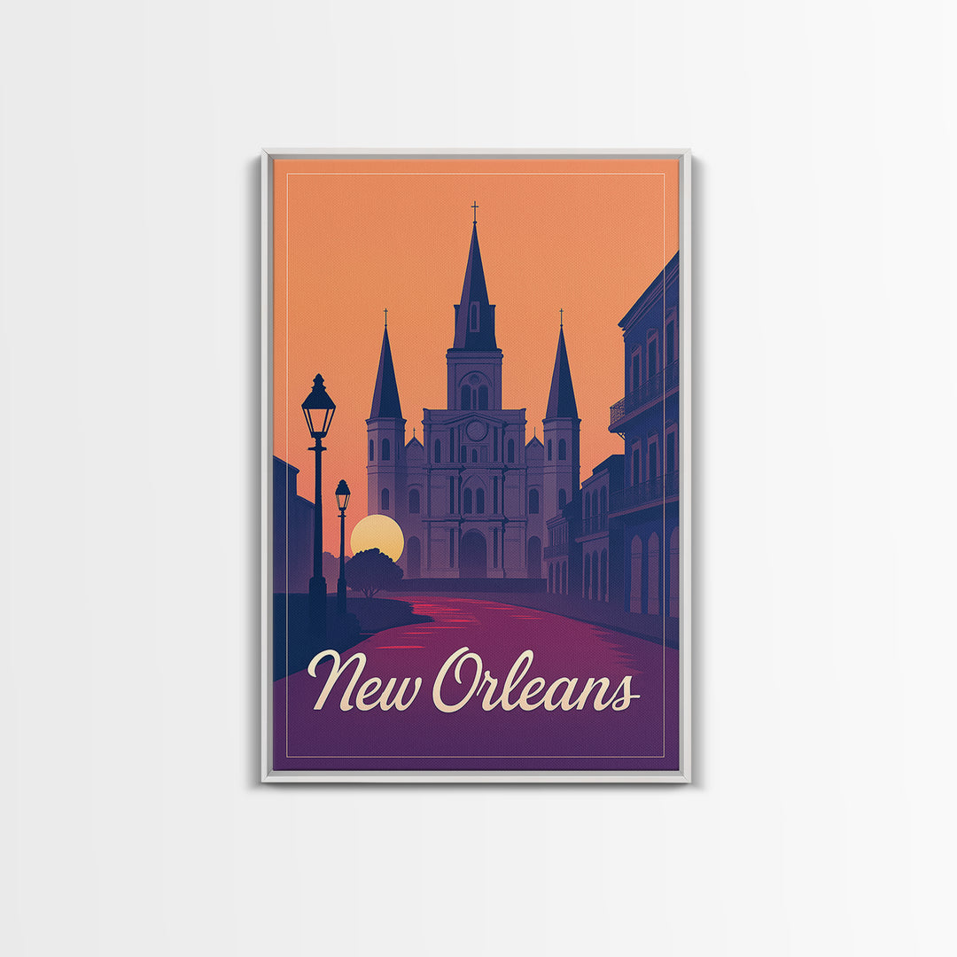 New Orleans Louisiana Travel Poster, Framed Canvas Print, Retro Sunset Skyline Art, New Orleans City Art, Travel Wall Art, Travel Art Print