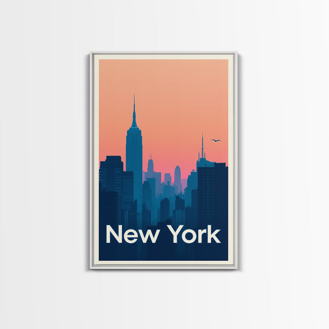 New York Travel Poster, Framed Canvas Print, Retro Sunset Skyline Art, New York Travel Art, Living Room Wall Art, Eclectic Wall Decor