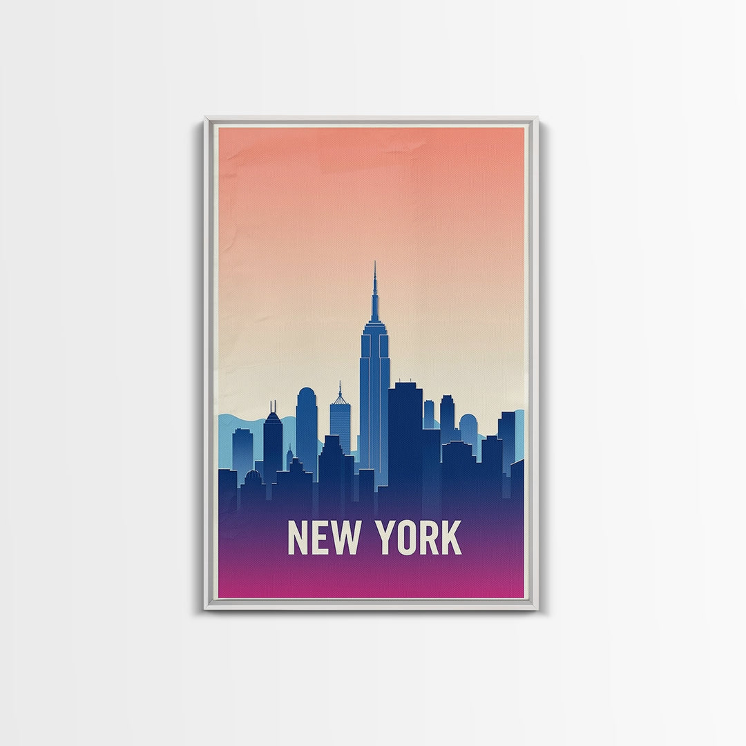 New York Travel Poster, Framed Canvas Print, Retro Sunset Skyline Art, New York Poster Print, Travel Wall Decor, Mid Century Wall Art