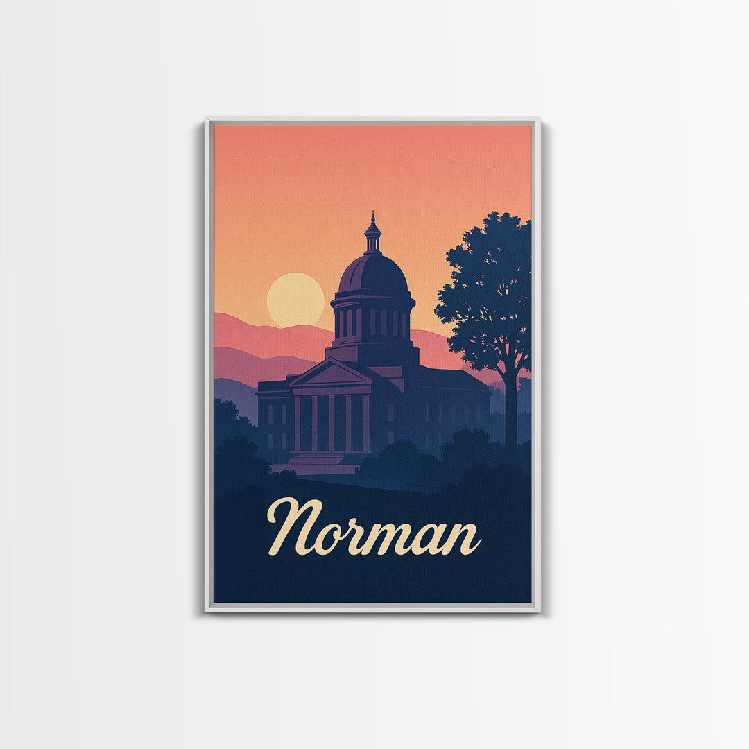 Norman Oklahoma Travel Poster, Framed Canvas Print, Mid Century City Wall Art, Norman City Art, Vintage Travel Print, Retro Travel Print