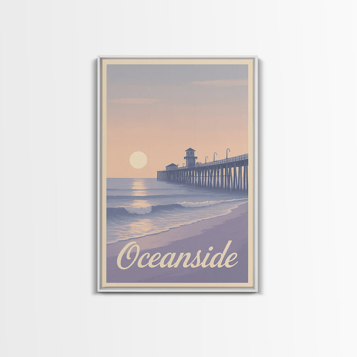 Oceanside Travel Poster, Canvas Print, Retro Sunset Skyline Art, Oceanside Wall Art, Retro Travel Print, Watercolor Skyline, Design 2