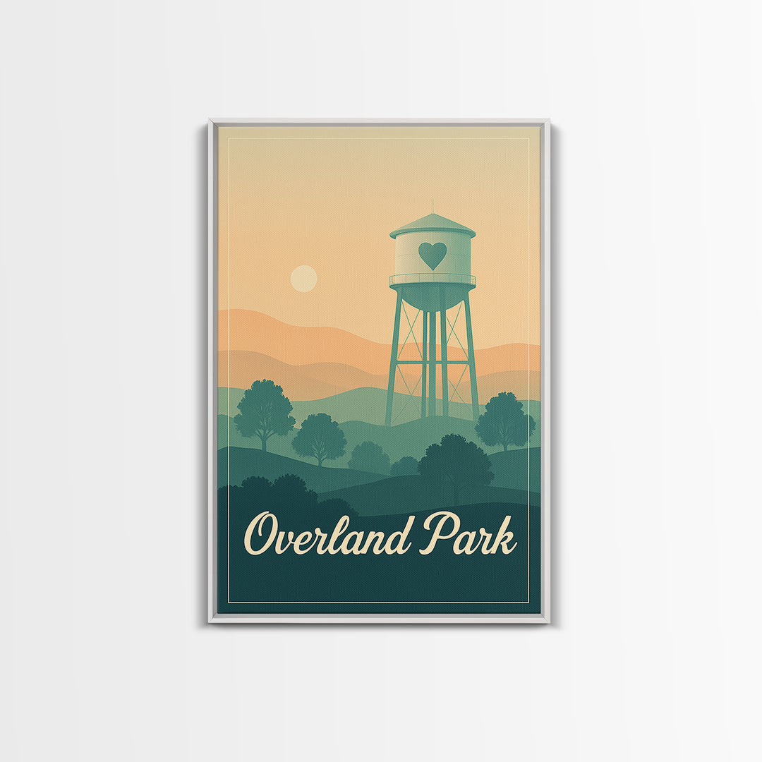 Overland Park Kansas Travel Poster, Canvas Print, Retro Sunset Skyline Art, Overland Park Art Print, Wanderlust Decor, Watercolor Cityscape
