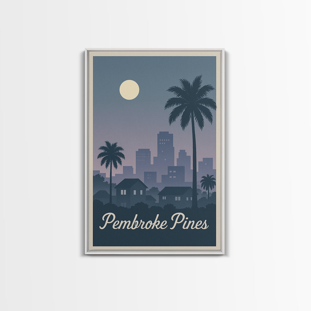Pembroke Pines Florida Travel Poster, Canvas Print, Retro Sunset Skyline Art, Pembroke Pines Art Print, Wanderlust Decor, Modern Wall Decor
